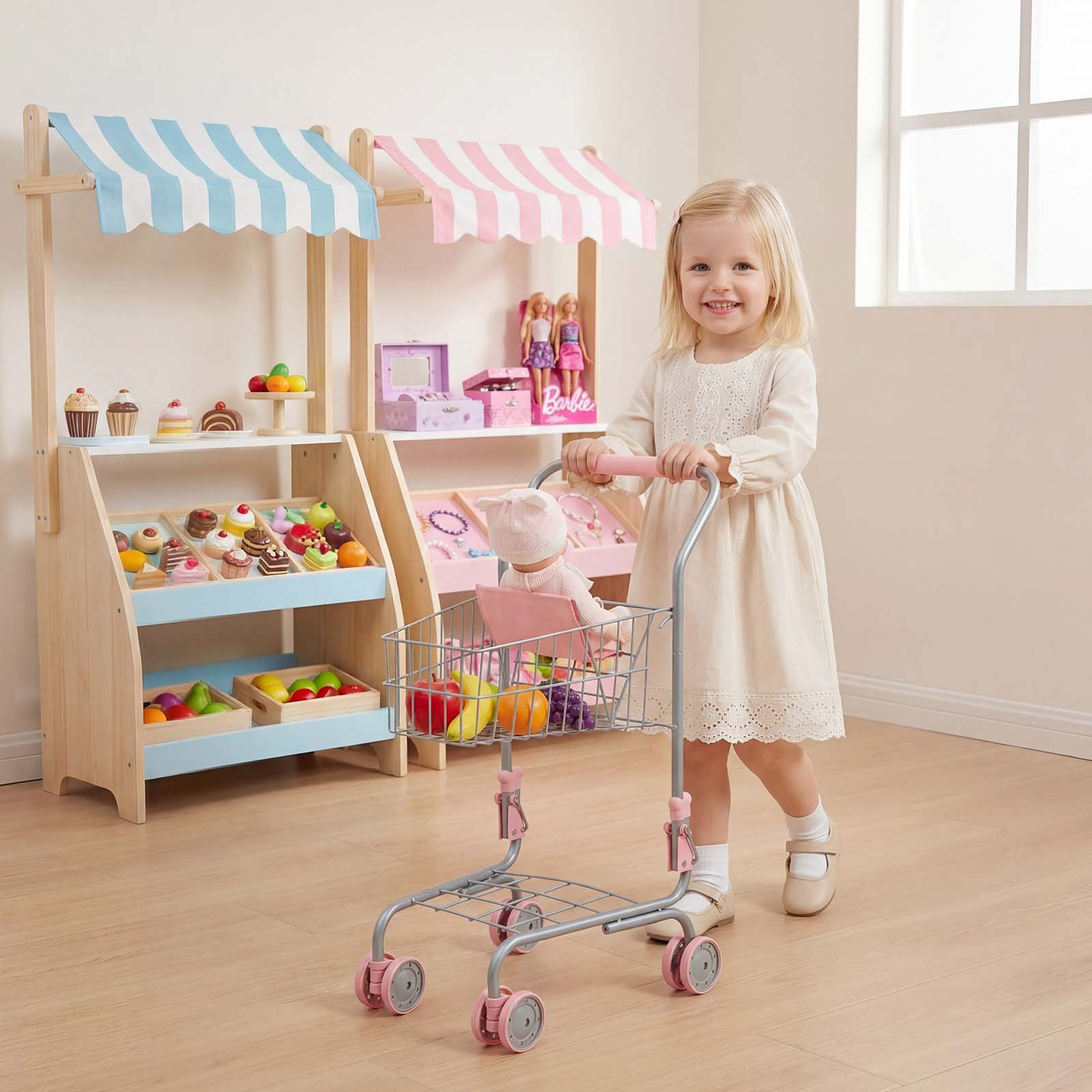 Kids Pretend Play Shopping Cart with Baby Doll – Pink
