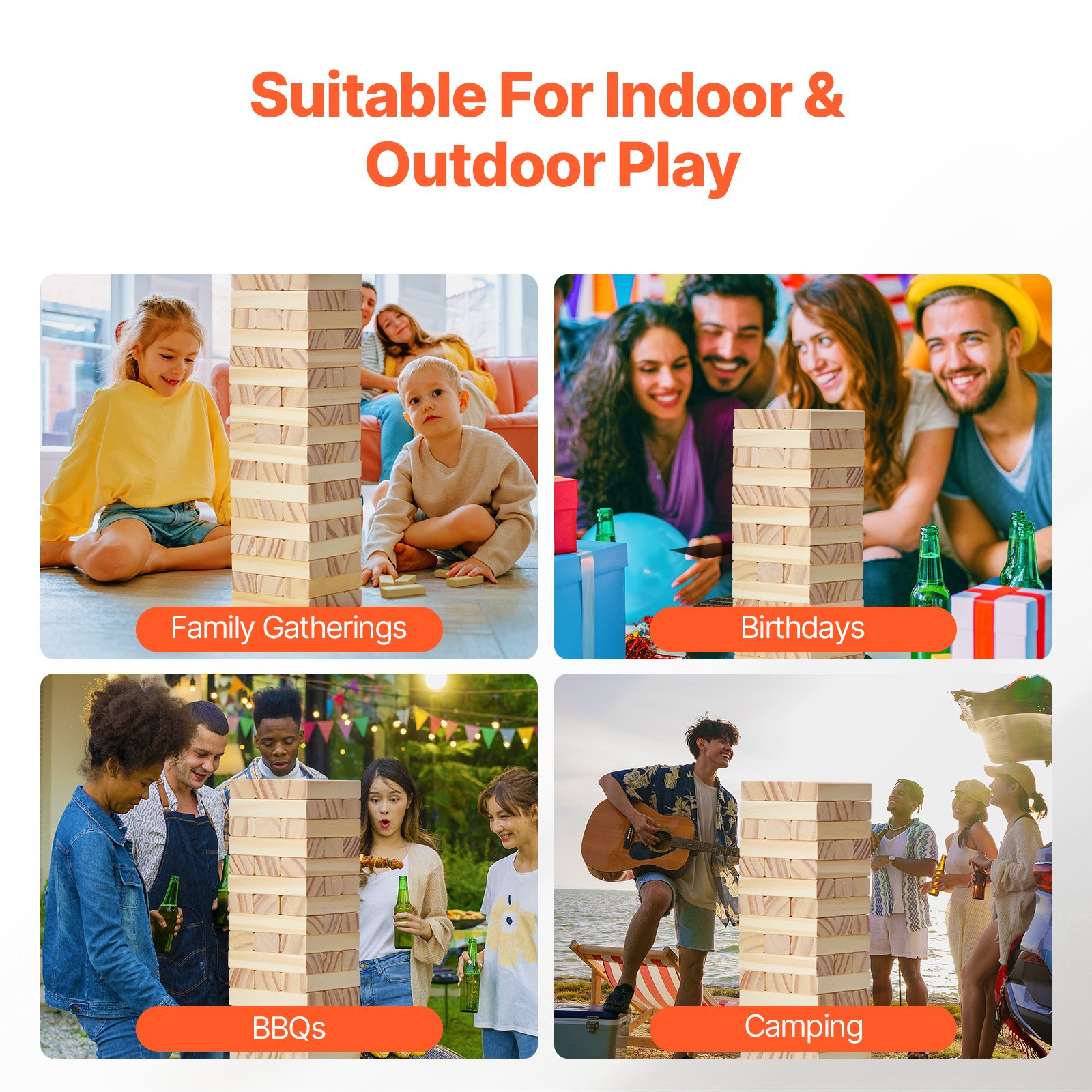VEVOR Tumbling Timber Toy, 54 Blocks Tumble Tower Blocks Game, Pine Wood Tumbling Tower Game with Storage Crate, Wooden Stacking Game for 1 or More Players, Tumble Tower Family Game for Indoor/Outdoor