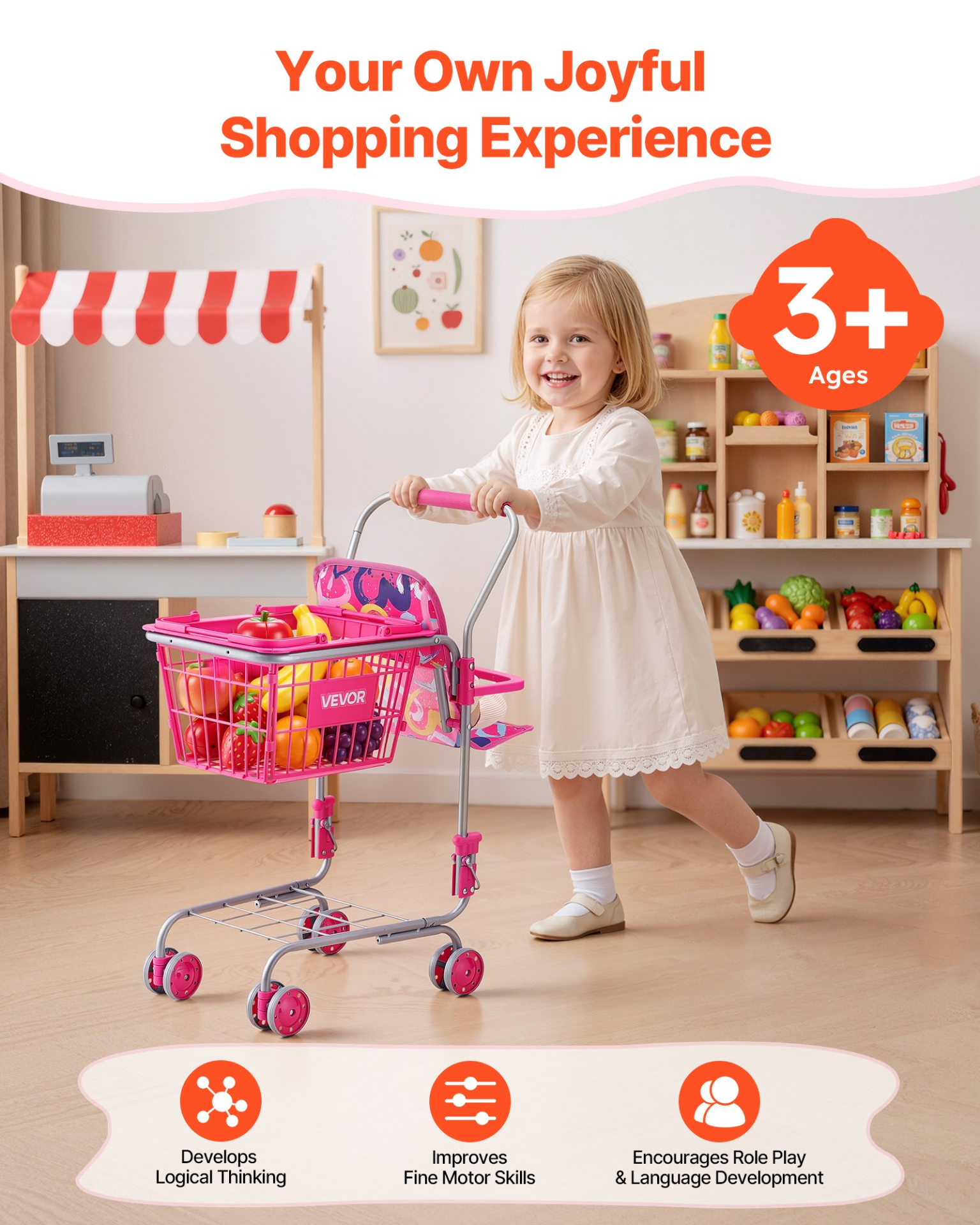 VEVOR Shopping Cart for Kids, Sturdy Metal Frame, Toy Shopping Cart with Baby Doll, 4 Rolling Wheels, Doll Seat Carrier, Grocery Pretend Play Toy Trolley, Folds for Easy Storage, for Toddlers Ages 3+