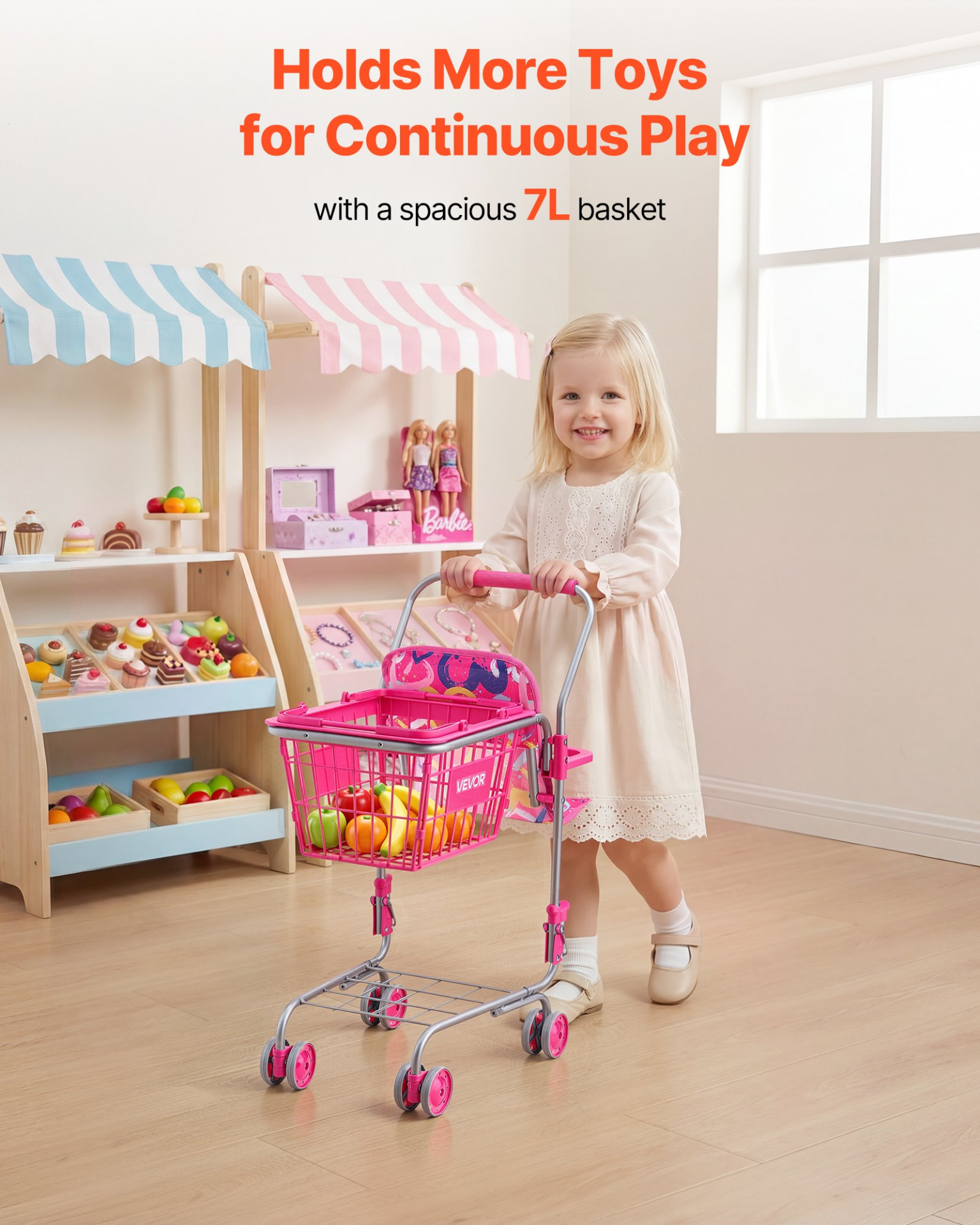 VEVOR Shopping Cart for Kids, Sturdy Metal Frame, Toy Shopping Cart with Baby Doll, 4 Rolling Wheels, Doll Seat Carrier, Grocery Pretend Play Toy Trolley, Folds for Easy Storage, for Toddlers Ages 3+