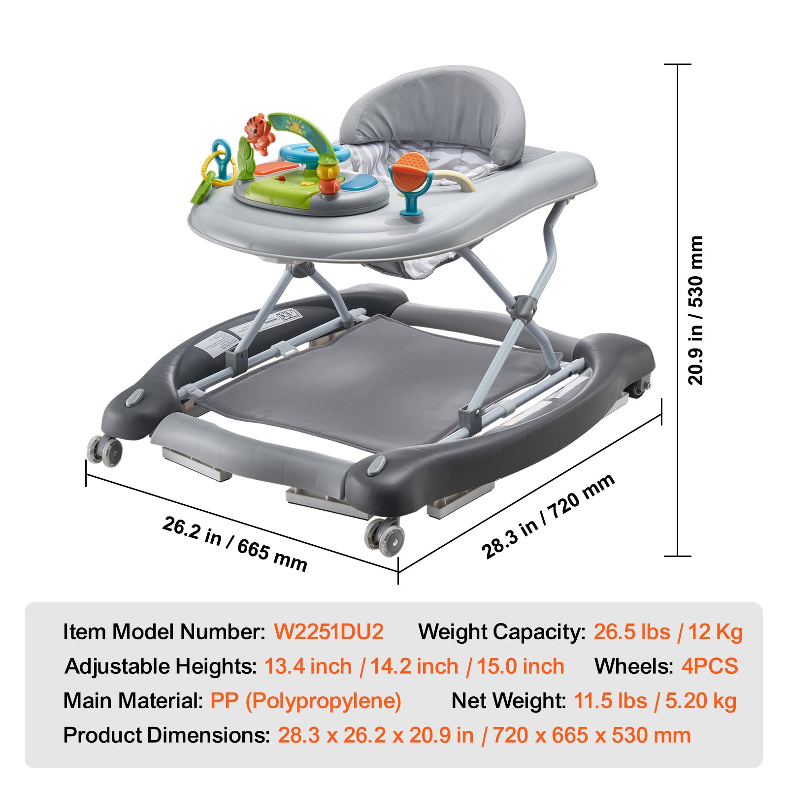 4-in-1 Baby Walker, Foldable Baby Activity Center on Wheels, 3 Adjustable Height, Music & Toys Tray, Learning-Seated,Walk-Behind,Rocker,Bouncer Toddler Walker for Girls Boys 6-24 Months