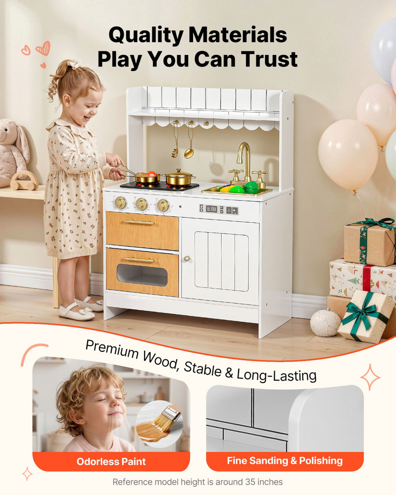 Wooden Play Kitchen Set – Interactive Kids Pretend Cooking Kitchen with Real Lights & Sounds, Sink, Oven, Stove & Accessories for Ages 3-8