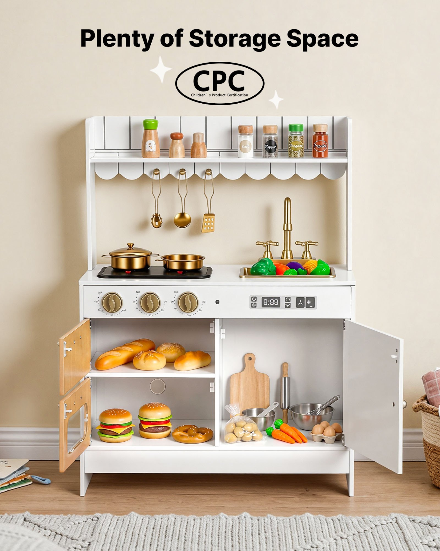 VEVOR Play Kitchen for Kids, Wooden, Kids Kitchen Playset with Real Lights & Sounds, Food & Cookware Accessories, Pretend Play Toy Set, Sink, Oven, Stove, Cabinet, for Toddlers, Girls & Boys Ages 3-8
