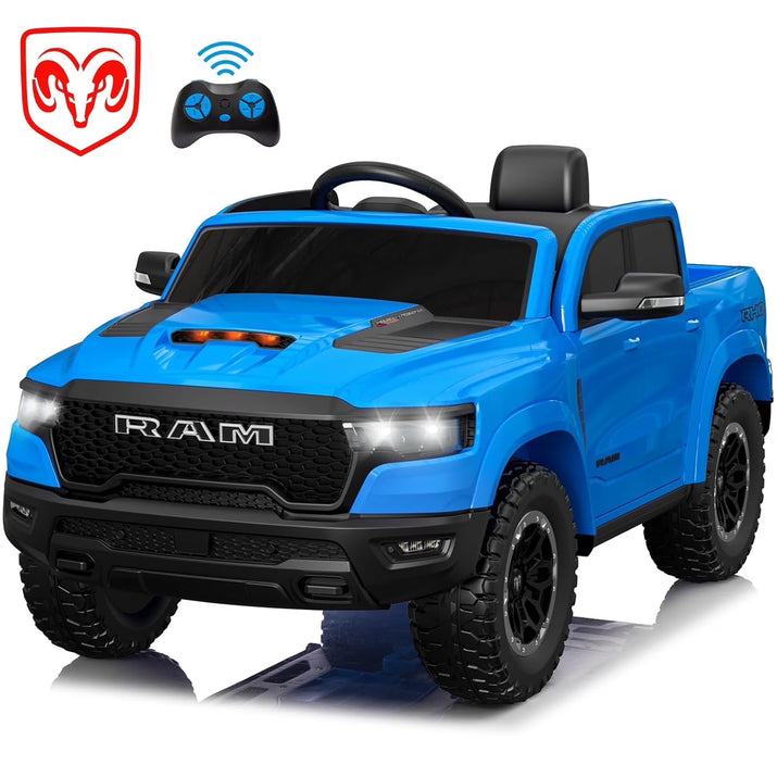 RAM 1500 Ride on Car Toy for Kids, 12V Powered Ride on Truck Toy with Remote Control, 4 Wheel Suspension, Safety Belt, Music, Bluetooth, LED Lights, Electric Cars for 3-5 Yrs Boy Girl, Blue