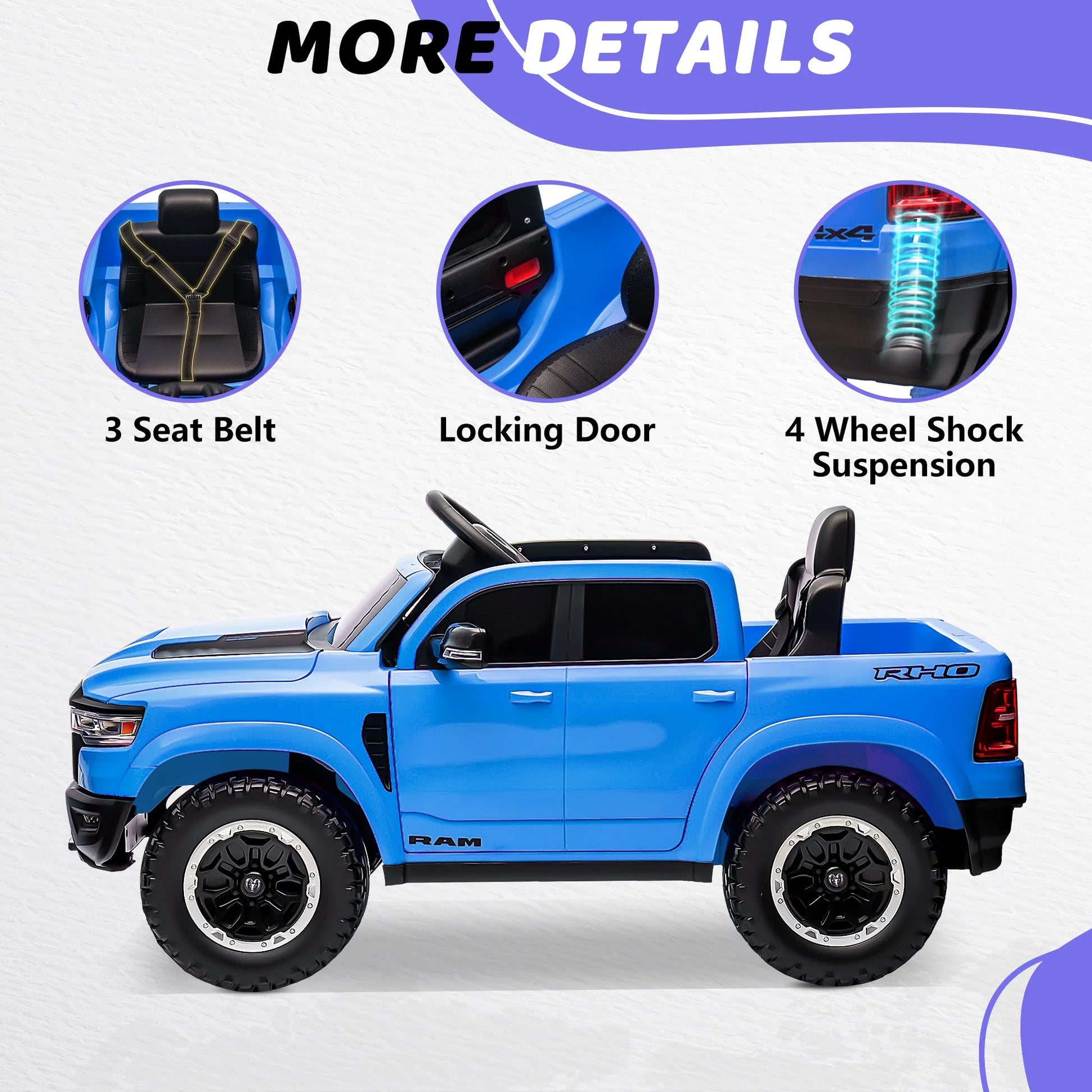 RAM 1500 Ride on Car Toy for Kids, 12V Powered Ride on Truck Toy with Remote Control, 4 Wheel Suspension, Safety Belt, Music, Bluetooth, LED Lights, Electric Cars for 3-5 Yrs Boy Girl, Blue