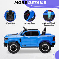 RAM 1500 Ride on Car Toy for Kids, 12V Powered Ride on Truck Toy with Remote Control, 4 Wheel Suspension, Safety Belt, Music, Bluetooth, LED Lights, Electric Cars for 3-5 Yrs Boy Girl, Blue