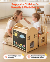 Toddler using house-shaped Montessori table with adult supervision