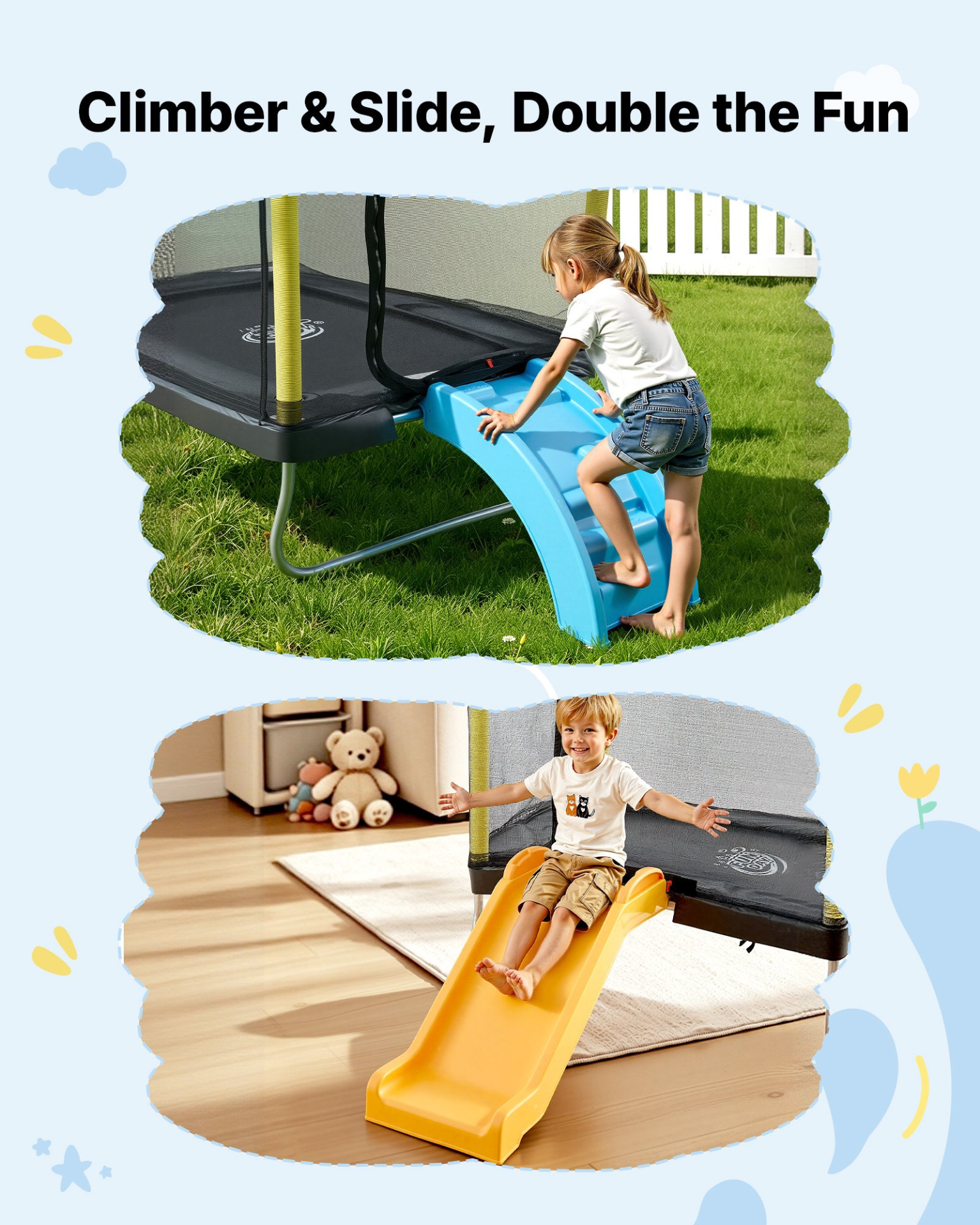 Kids Mini Trampoline with Enclosure Net, Slide & Ring – 132 lbs Capacity Indoor/Outdoor Toddler Trampoline, Easy Assembly
