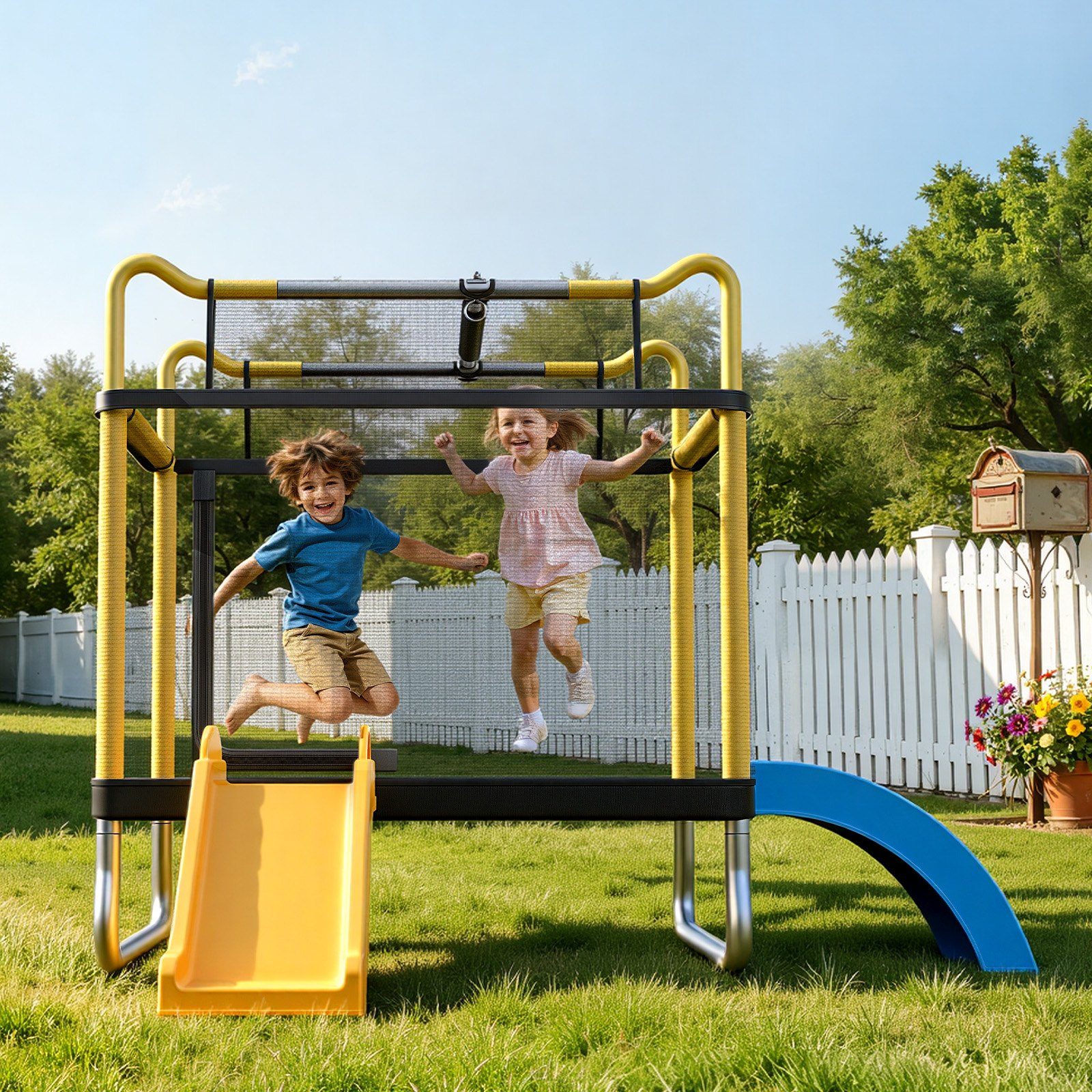 Kids Mini Trampoline with Enclosure Net, Slide & Ring – 132 lbs Capacity Indoor/Outdoor Toddler Trampoline, Easy Assembly