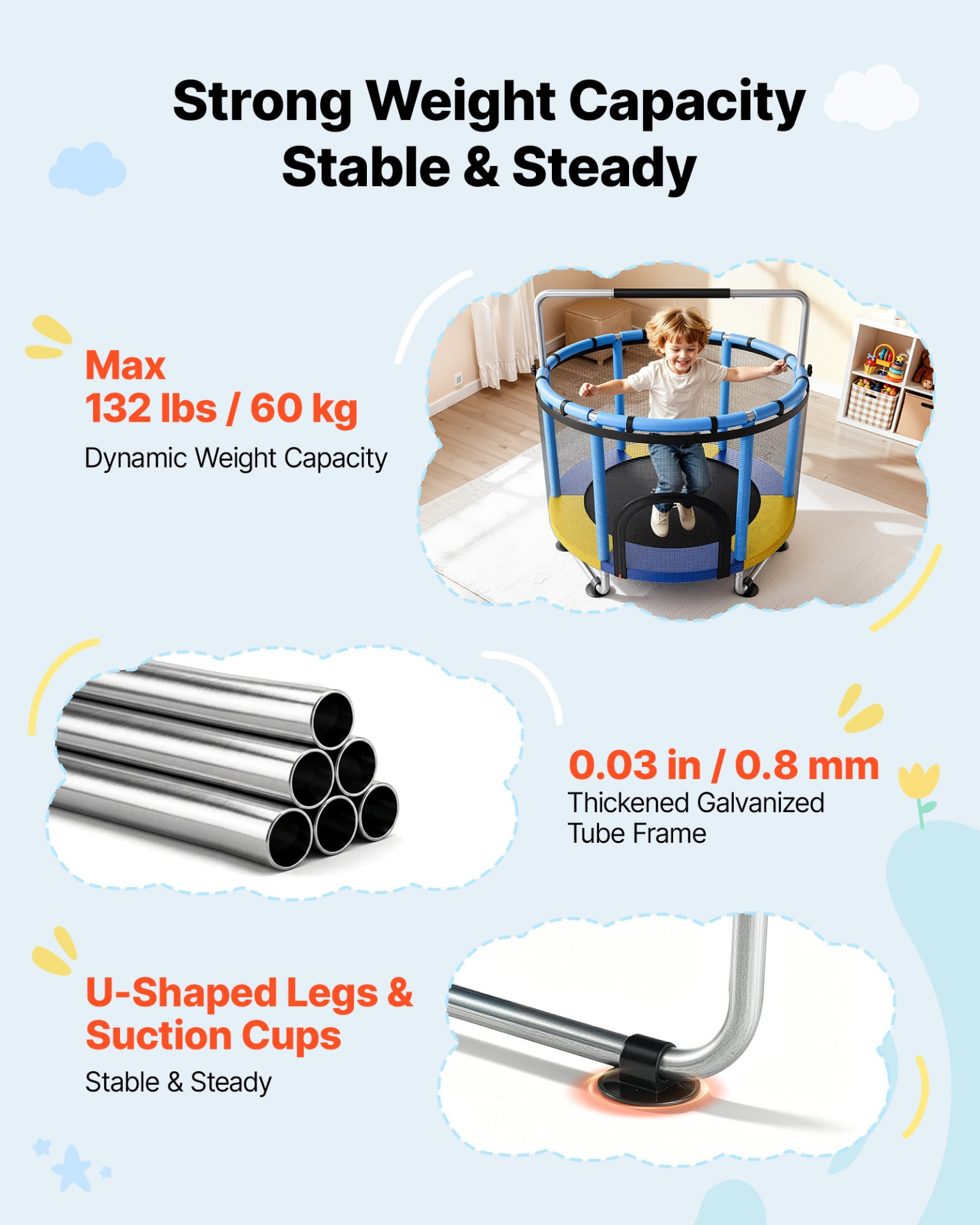 5FT Kids Trampoline with Safety Net & Adjustable Gymnastics Bar | Indoor & Outdoor Toddler Trampoline