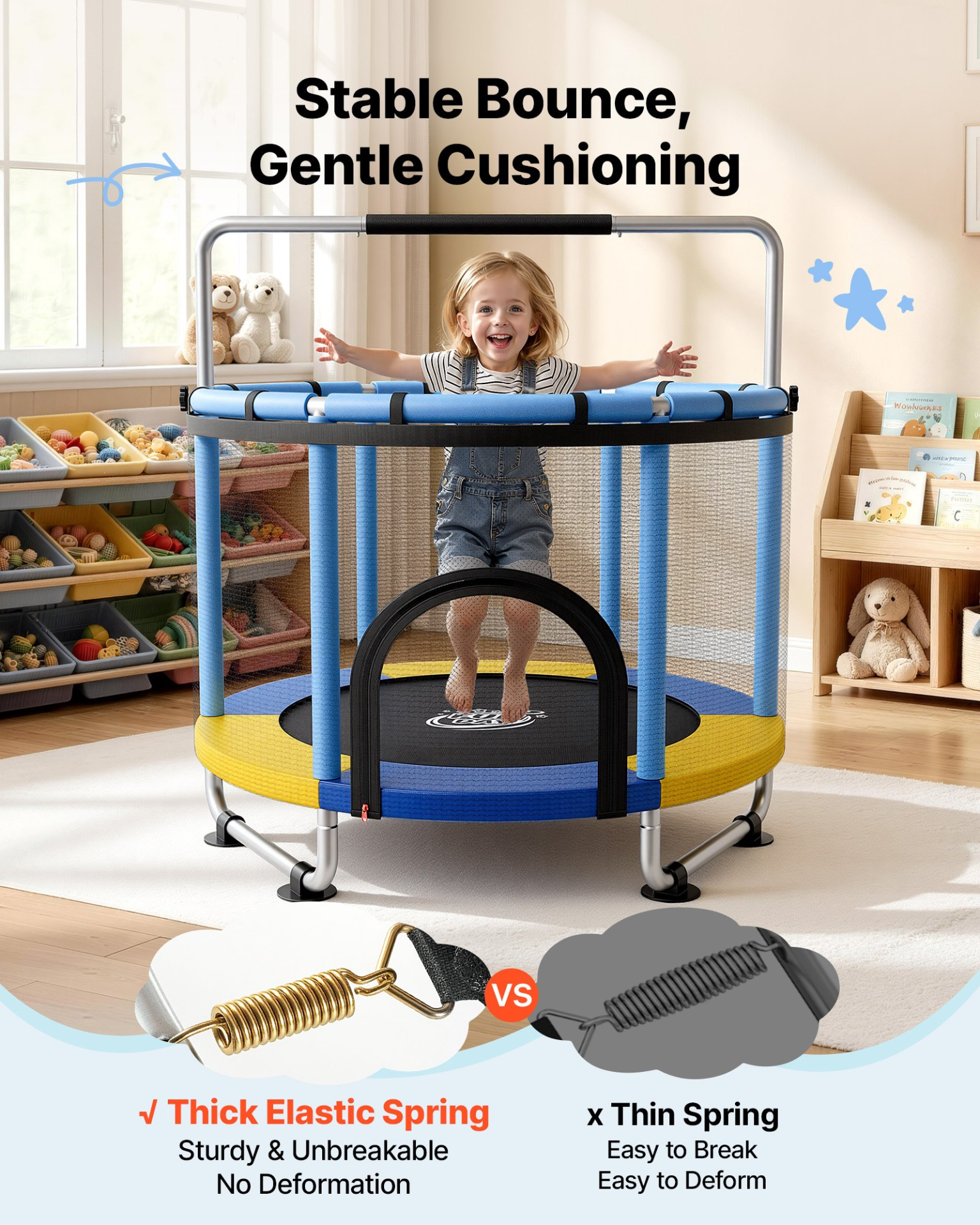 5FT Kids Trampoline with Safety Net & Adjustable Gymnastics Bar | Indoor & Outdoor Toddler Trampoline