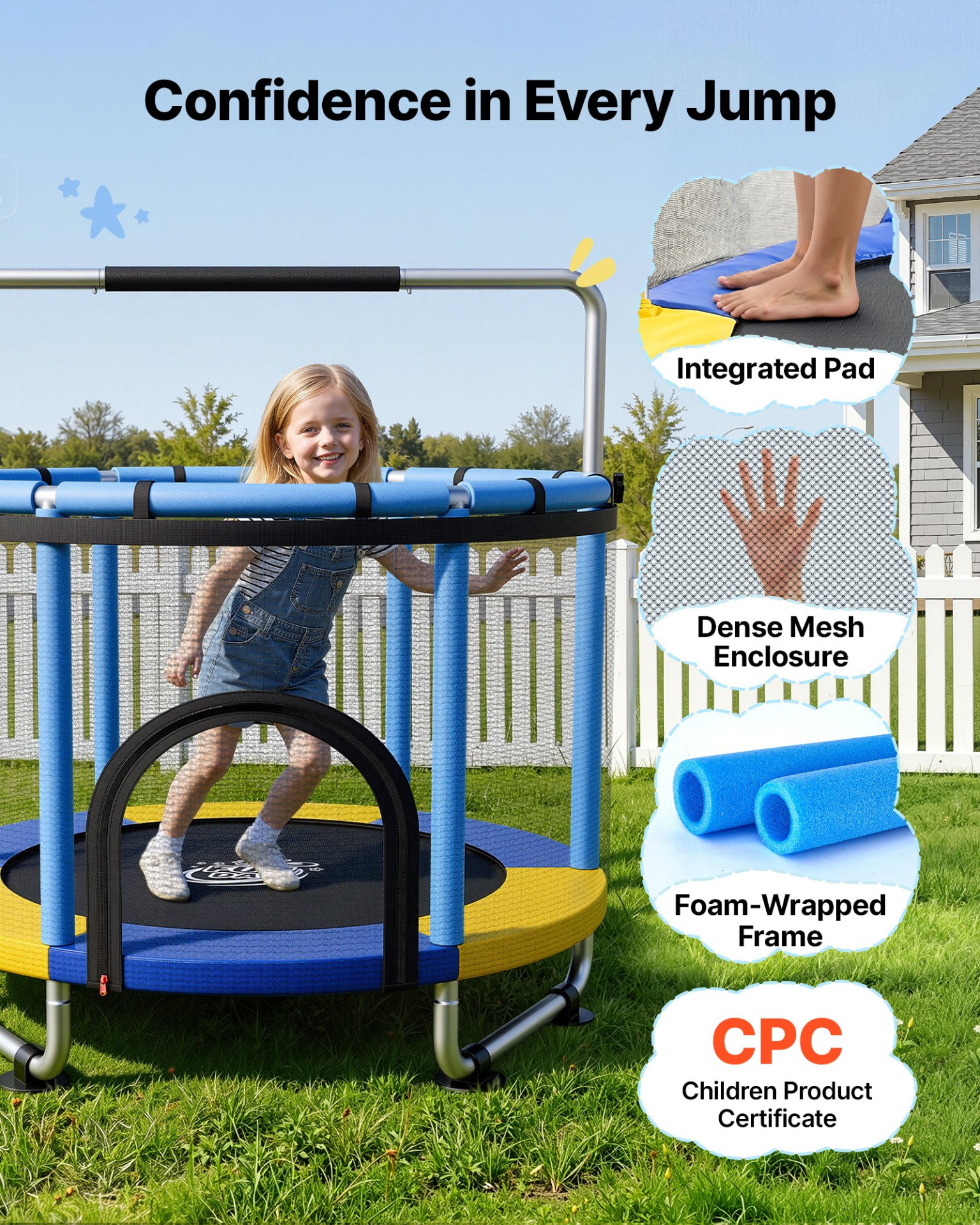 5FT Kids Trampoline with Safety Net & Adjustable Gymnastics Bar | Indoor & Outdoor Toddler Trampoline