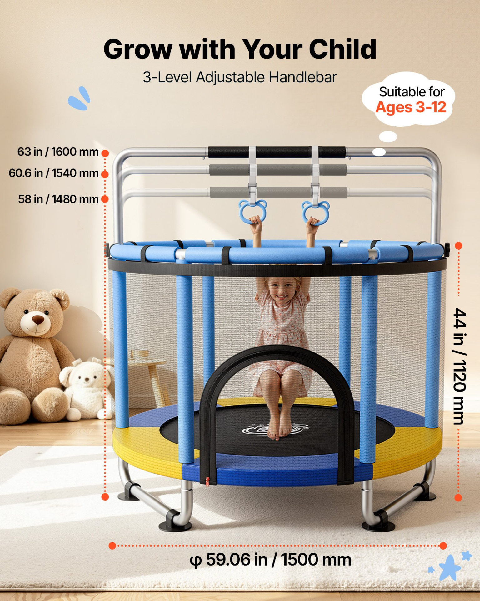 5FT Kids Trampoline with Safety Net & Adjustable Gymnastics Bar | Indoor & Outdoor Toddler Trampoline