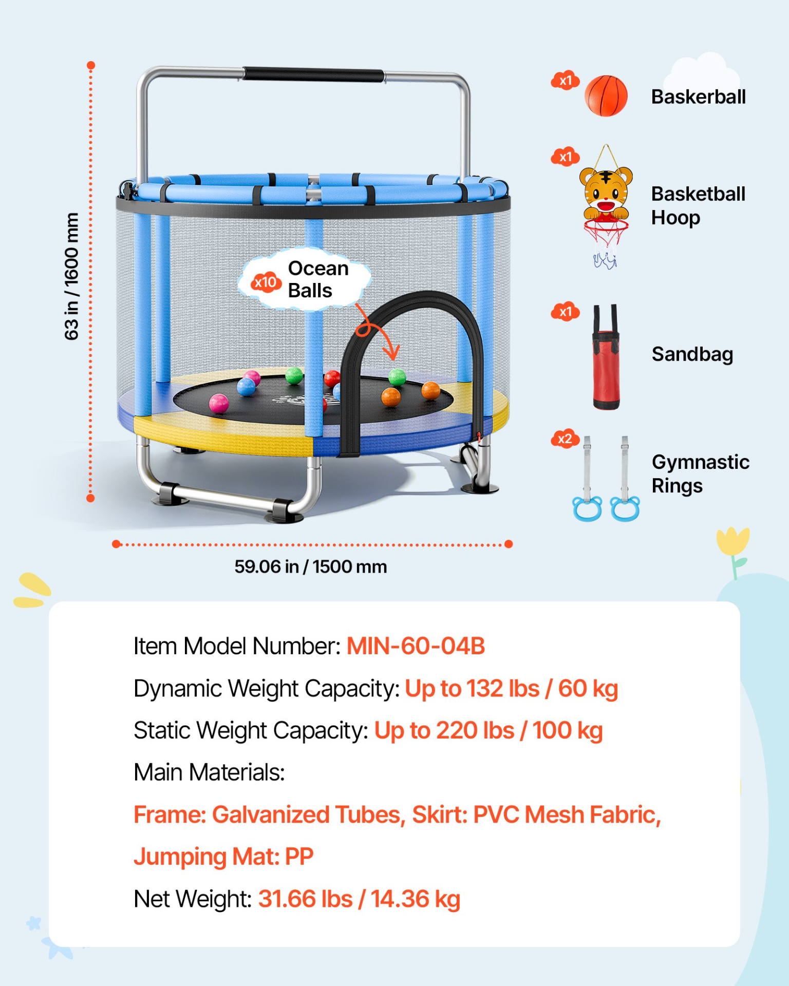 5FT Kids Trampoline with Safety Net & Adjustable Gymnastics Bar | Indoor & Outdoor Toddler Trampoline