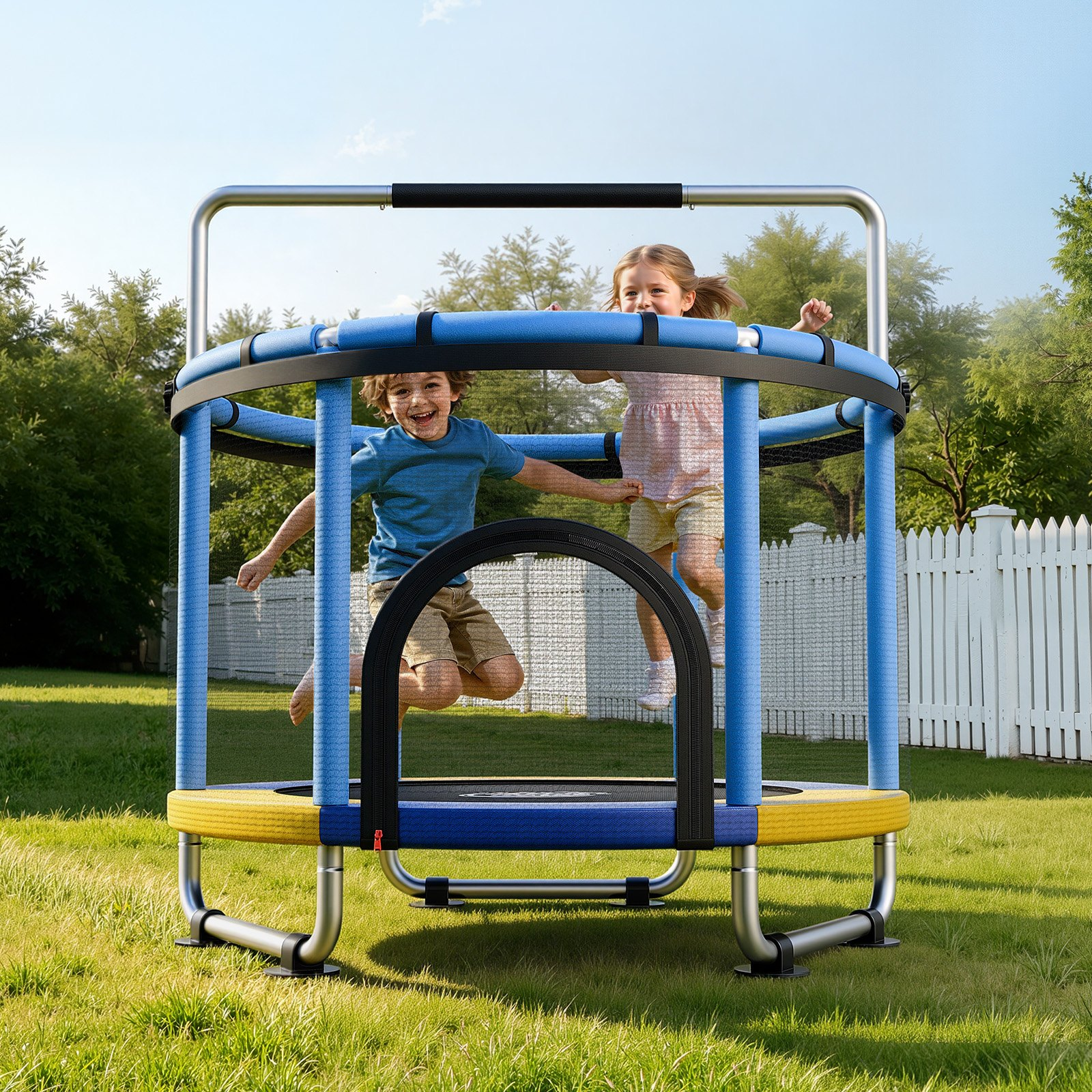 5FT Kids Trampoline with Safety Net & Adjustable Gymnastics Bar | Indoor & Outdoor Toddler Trampoline