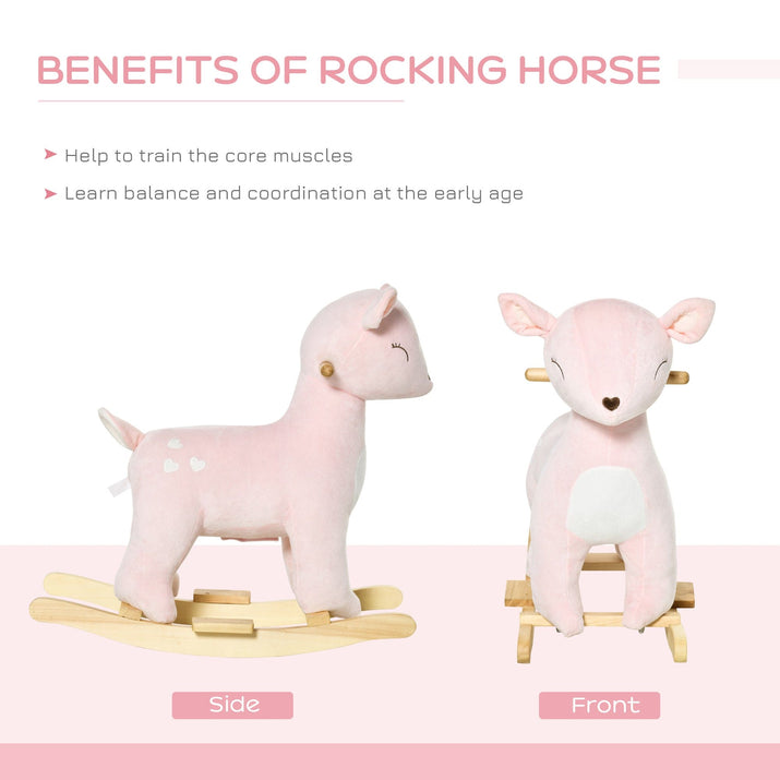 Qaba Kids Plush Ride-On Rocking Horse Deer-shaped Plush Toy Rocker with Realistic Sounds for Child 36-72 Months Pink - The Little Big Store