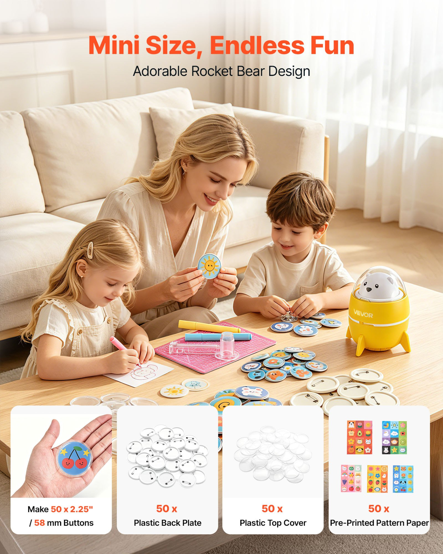 VEVOR Button Maker Machine, 2.25" / 58 mm, Plastic Pin Badge Maker with 50pcs Button Parts and Pre-Printed Pattern Paper, Circle Cutter, Compact Body, for Home DIY, School Events, Birthday Present