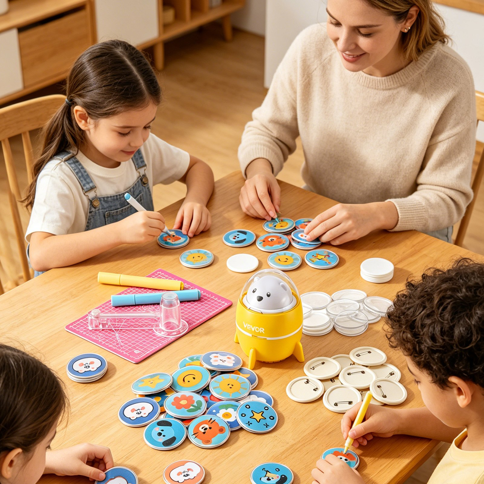 VEVOR Button Maker Machine, 2.25" / 58 mm, Plastic Pin Badge Maker with 50pcs Button Parts and Pre-Printed Pattern Paper, Circle Cutter, Compact Body, for Home DIY, School Events, Birthday Present