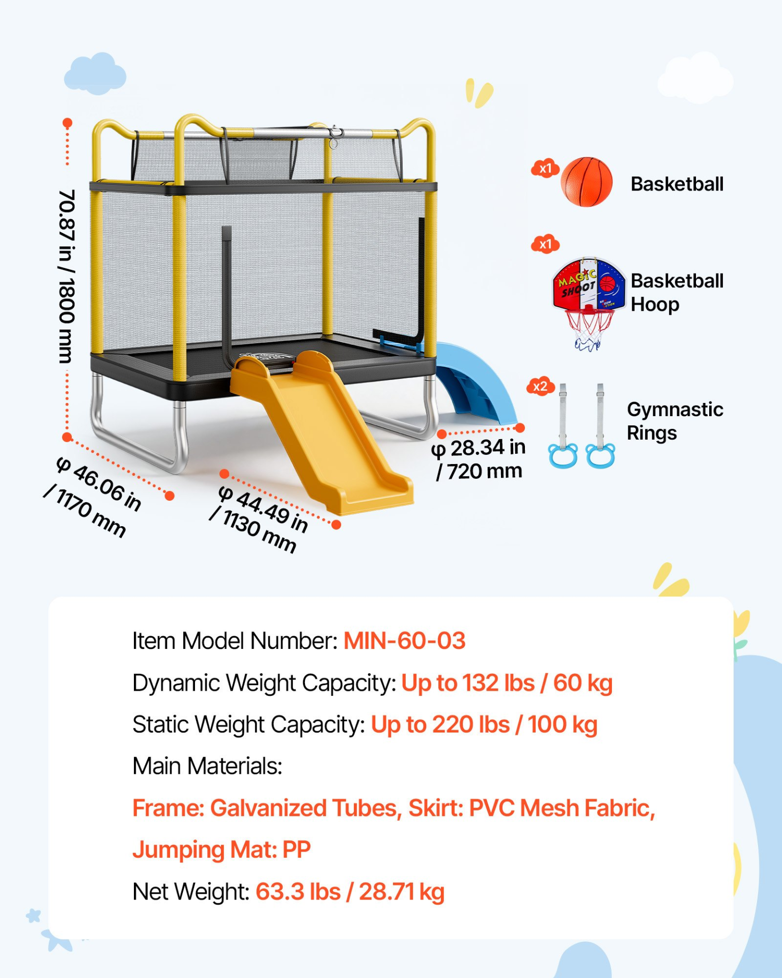 Kids Mini Trampoline with Enclosure Net, Slide & Ring – 132 lbs Capacity Indoor/Outdoor Toddler Trampoline, Easy Assembly