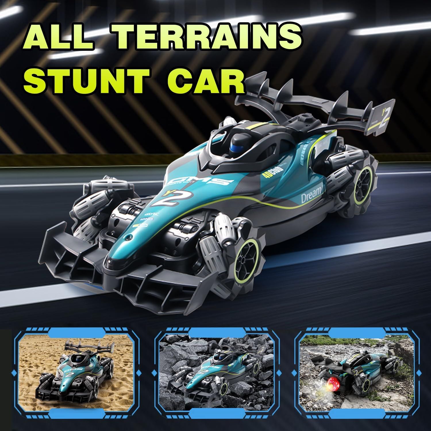 Toy all-terrain stunt car with images of its capabilities on different terrains.