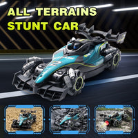 Toy all-terrain stunt car with images of its capabilities on different terrains.