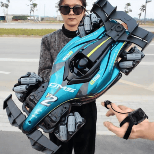 4DRC Y2 Gesture Sensing RC Car for kids with 360-degree stunt racing and 2 rechargeable batteries on outdoor background