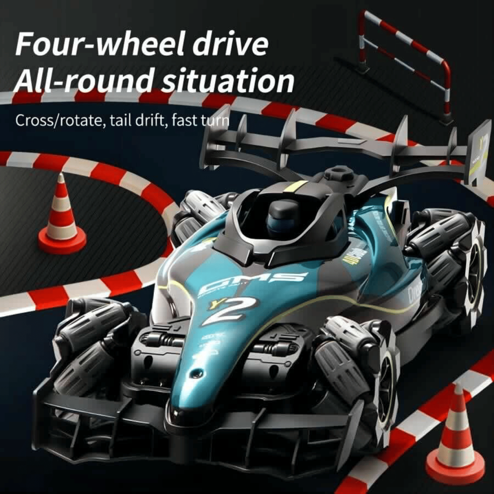 4DRC Y2 Gesture Sensing RC Car for kids with 360-degree stunt racing and 2 rechargeable batteries on black background