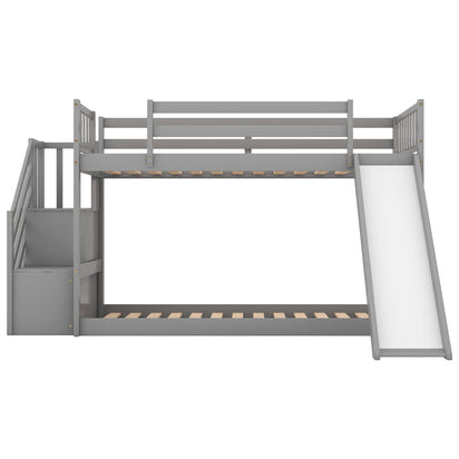 Twin over Twin Bunk Bed with Convertible Slide and Stairway, Gray - The Little Big Store