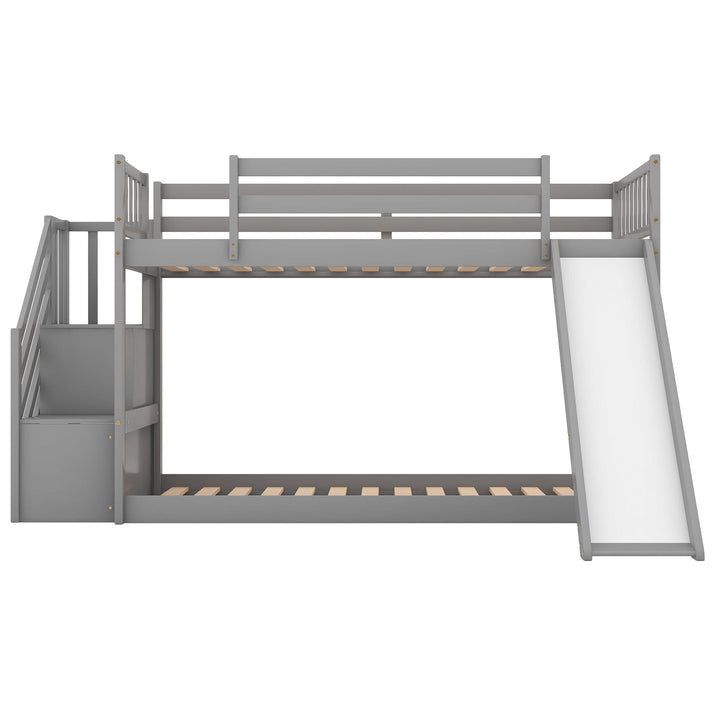 Twin over Twin Bunk Bed with Convertible Slide and Stairway, Gray - The Little Big Store