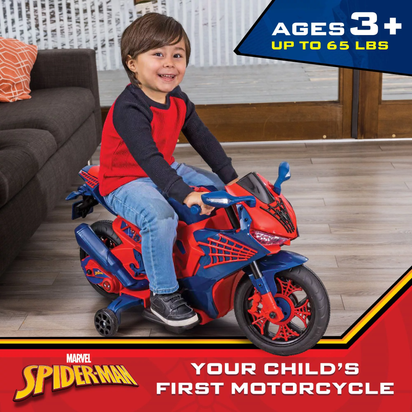6V Spiderman Motorcycle, Battery Ride on Toy, for Kids, Ages 3+