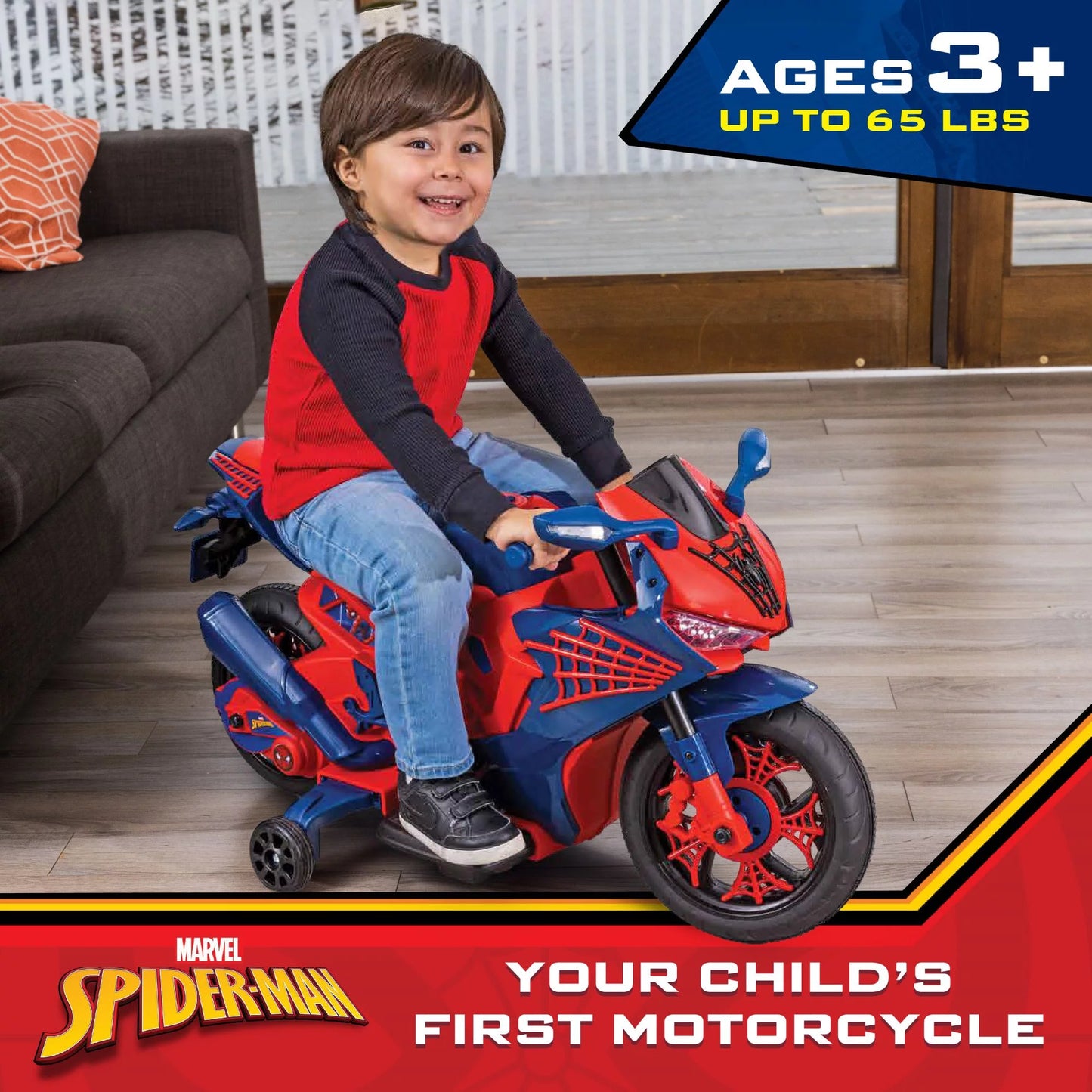6V Spiderman Motorcycle, Battery Ride on Toy, for Kids, Ages 3+