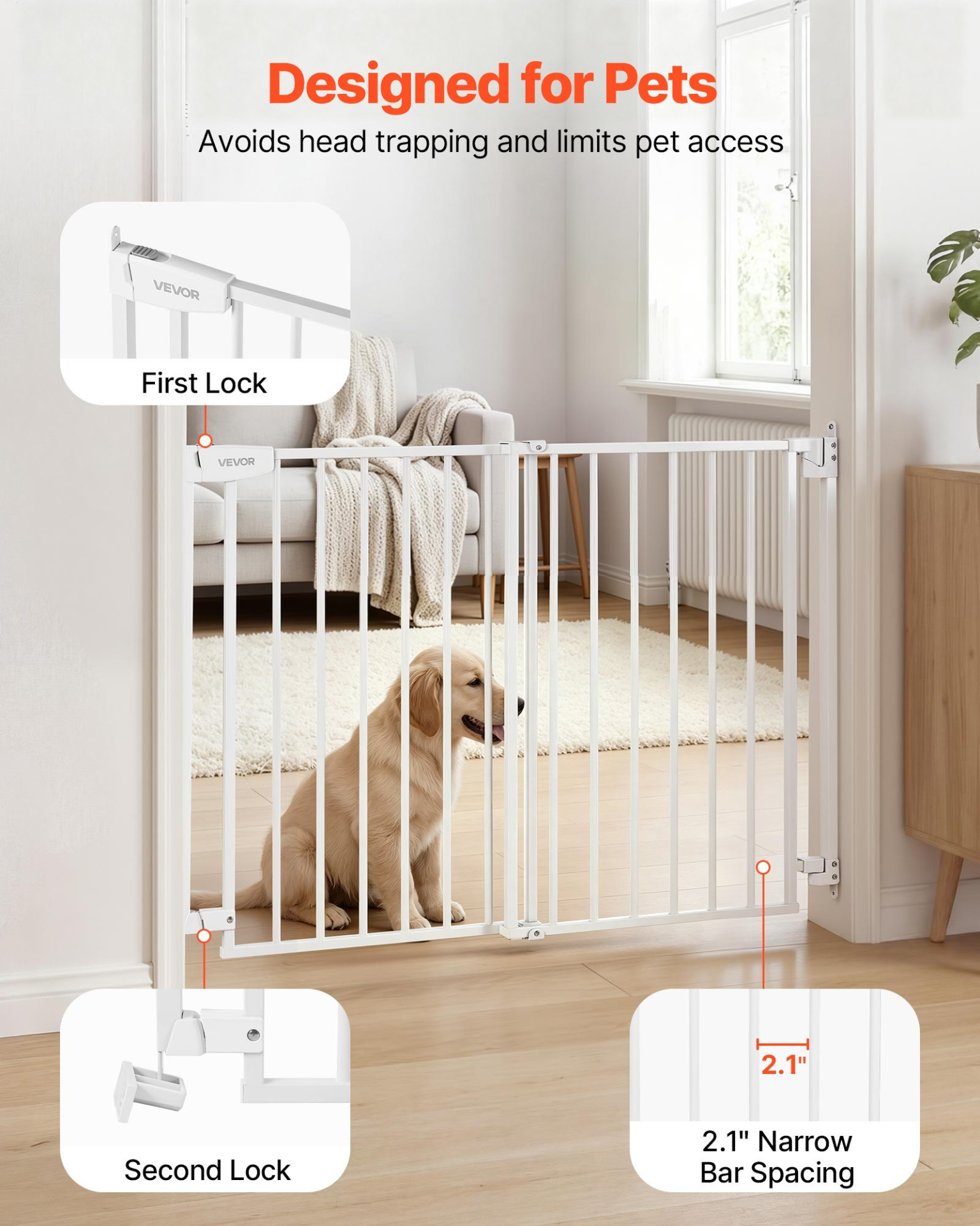 Adjustable Baby & Pet Safety Gate for Stairs – 30 Inch Hardware Mounted Barrier (White)