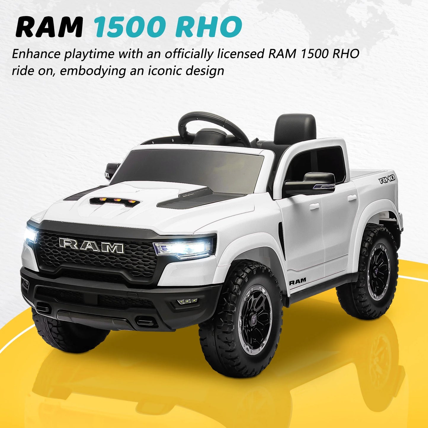 RAM 1500 Ride on Car Toy for Kids, 12V Powered Ride on Truck Toy with Remote Control, 4 Wheel Suspension, Safety Belt, Music, Bluetooth, LED Lights, Electric Cars for 3-5 Yrs Boy Girl, White