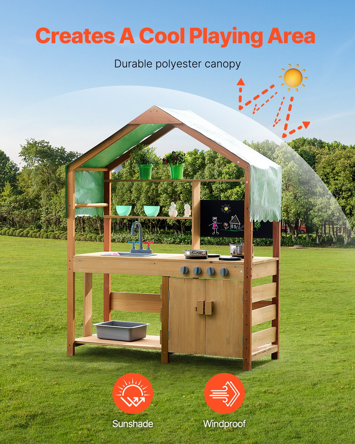 VEVOR Mud Kitchen for Kids, Wooden Toy Play Kitchen Set with Accessories, Outdoor Toddler Grocery Store Playset, Pretend Play Kitchen with Stoves, Planter Boxes, Sink, Faucet, Blackboard, Cookware Pot