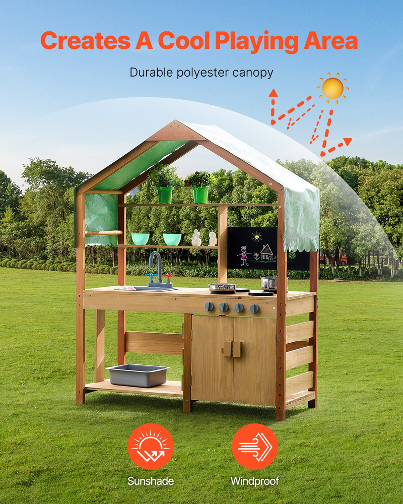 Outdoor Mud Kitchen Playset – Wooden Pretend Play Kitchen with Sink, Stove & Planter Boxes
