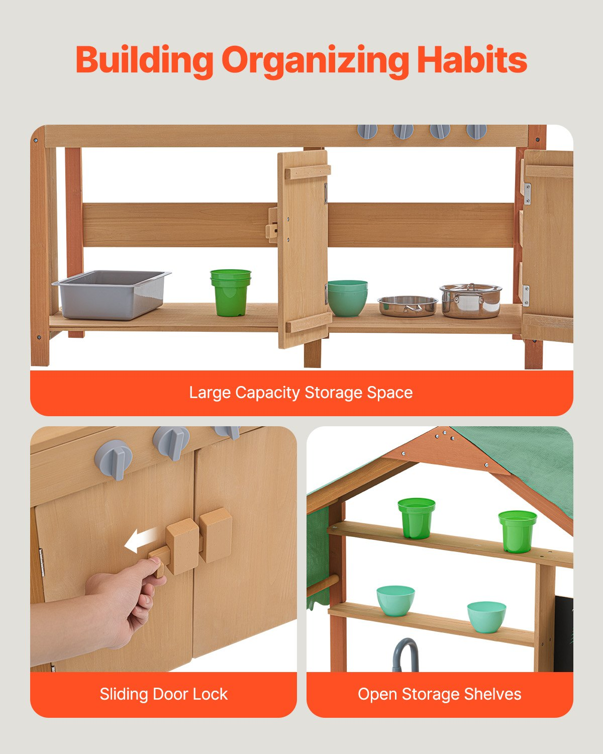 VEVOR Mud Kitchen for Kids, Wooden Toy Play Kitchen Set with Accessories, Outdoor Toddler Grocery Store Playset, Pretend Play Kitchen with Stoves, Planter Boxes, Sink, Faucet, Blackboard, Cookware Pot