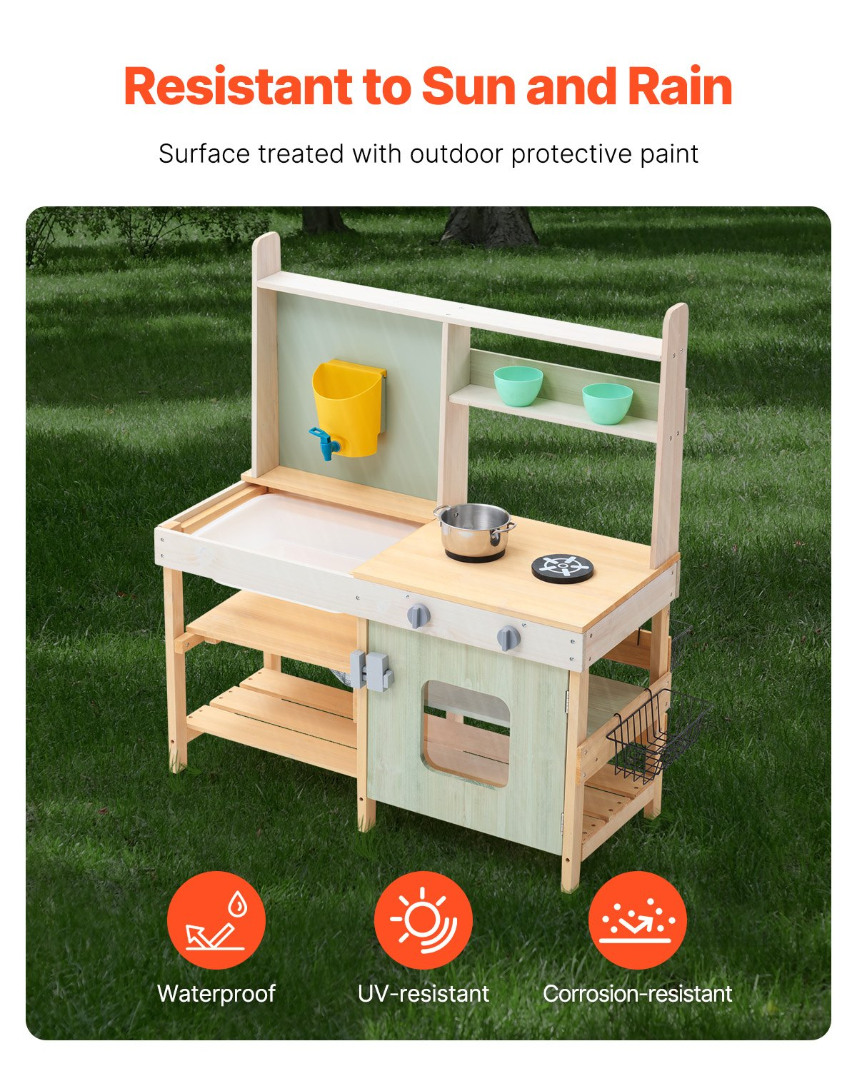 VEVOR Mud Kitchen for Kids, Wooden Toy Play Kitchen Set, Outdoor Toddler Grocery Store Playset, Pretend Play Kitchen with Stoves, Tank, Faucet, Storage Bag, Metal Baskets, and Cookware Pots