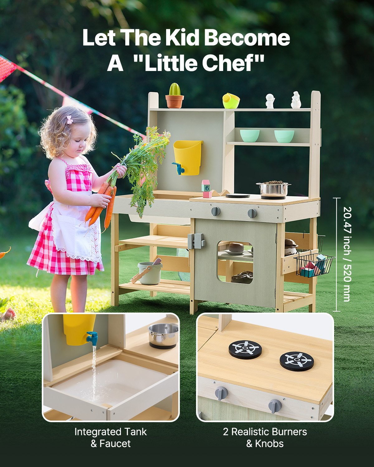 VEVOR Mud Kitchen for Kids, Wooden Toy Play Kitchen Set, Outdoor Toddler Grocery Store Playset, Pretend Play Kitchen with Stoves, Tank, Faucet, Storage Bag, Metal Baskets, and Cookware Pots