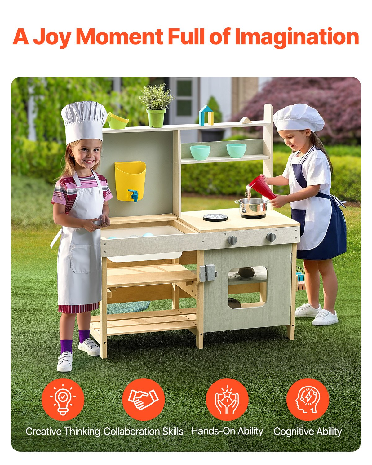 VEVOR Mud Kitchen for Kids, Wooden Toy Play Kitchen Set, Outdoor Toddler Grocery Store Playset, Pretend Play Kitchen with Stoves, Tank, Faucet, Storage Bag, Metal Baskets, and Cookware Pots
