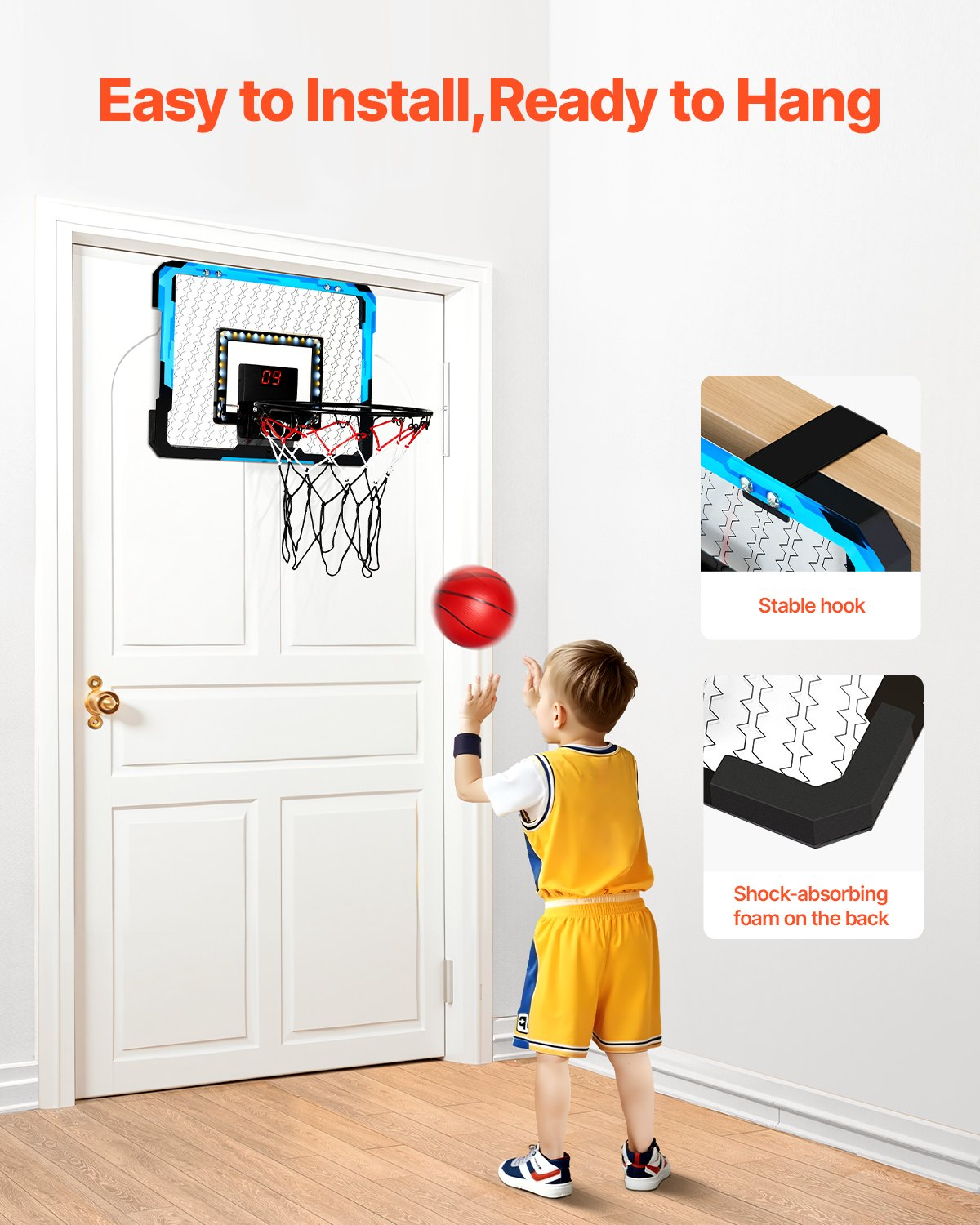 VEVOR Kids Basketball Hoop, Mini Basketball Goal with Electronic Scoreboard, Over The Door Basketball Hoop with Scoring & Music Accompaniment Functions, LED Light, Indoor Basketball Hoop for Kids 3+