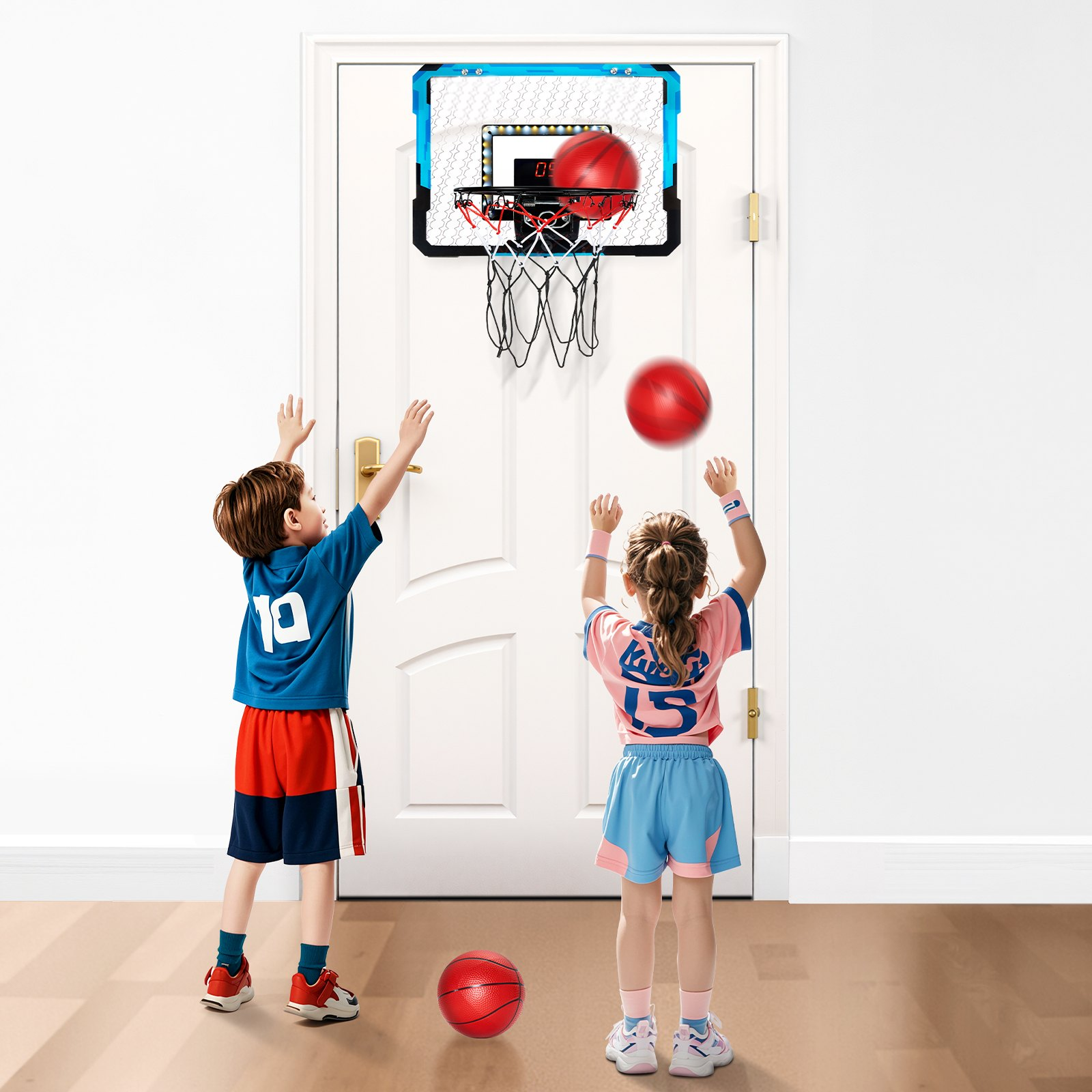 VEVOR Kids Basketball Hoop, Mini Basketball Goal with Electronic Scoreboard, Over The Door Basketball Hoop with Scoring & Music Accompaniment Functions, LED Light, Indoor Basketball Hoop for Kids 3+