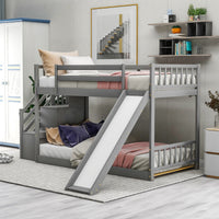 Twin over Twin Bunk Bed with Convertible Slide and Stairway, Gray - The Little Big Store