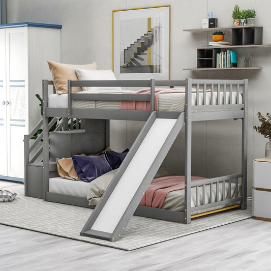Twin over Twin Bunk Bed with Convertible Slide and Stairway, Gray - The Little Big Store