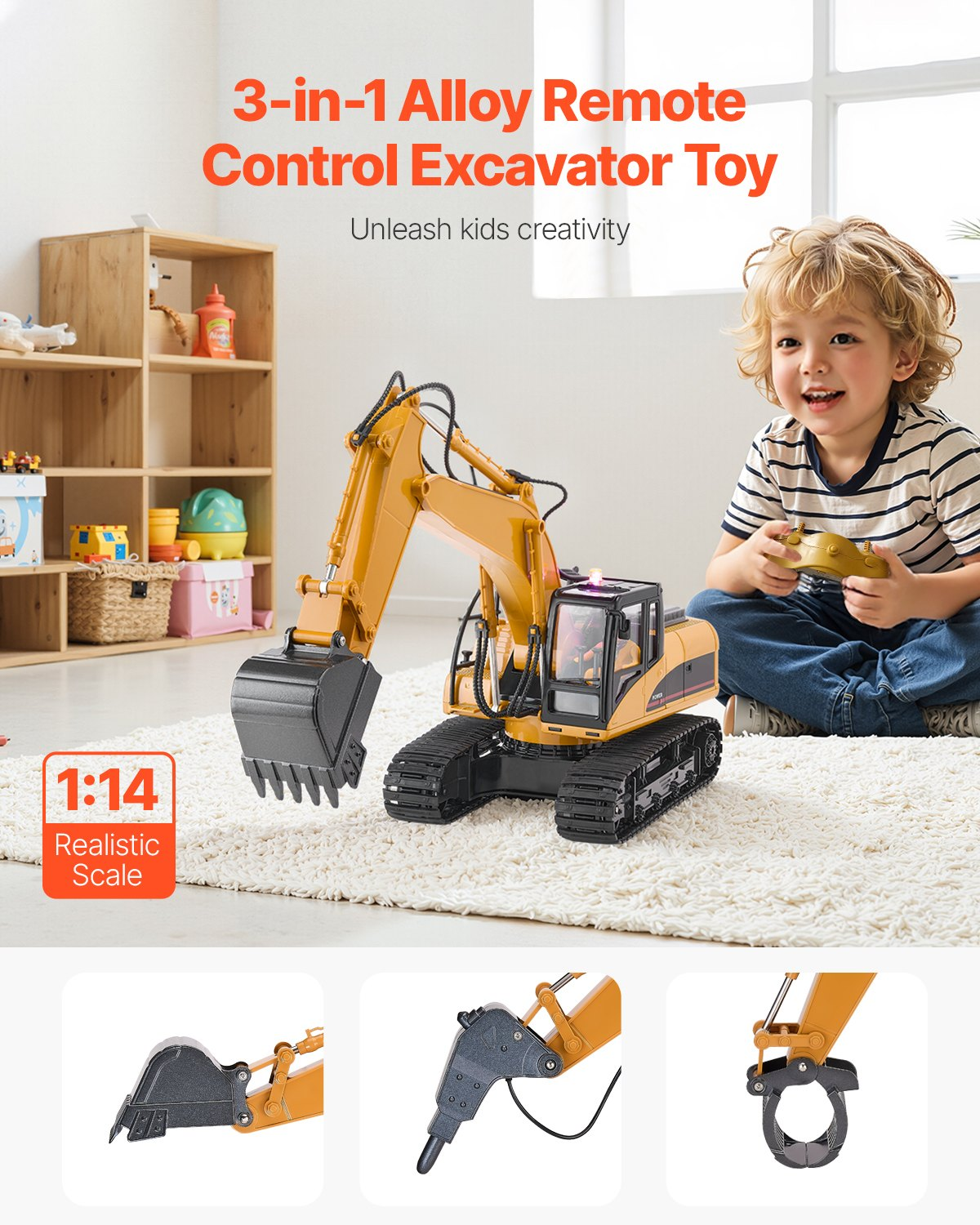 VEVOR Remote Control Excavator Toy, 15 Channel, 3 in 1 Remote Control Digger with Metal Shovel, 1:14 Scale RC Excavator with Light & Sound, Full Functional Construction Vehicles for Kids, 2 Batteries