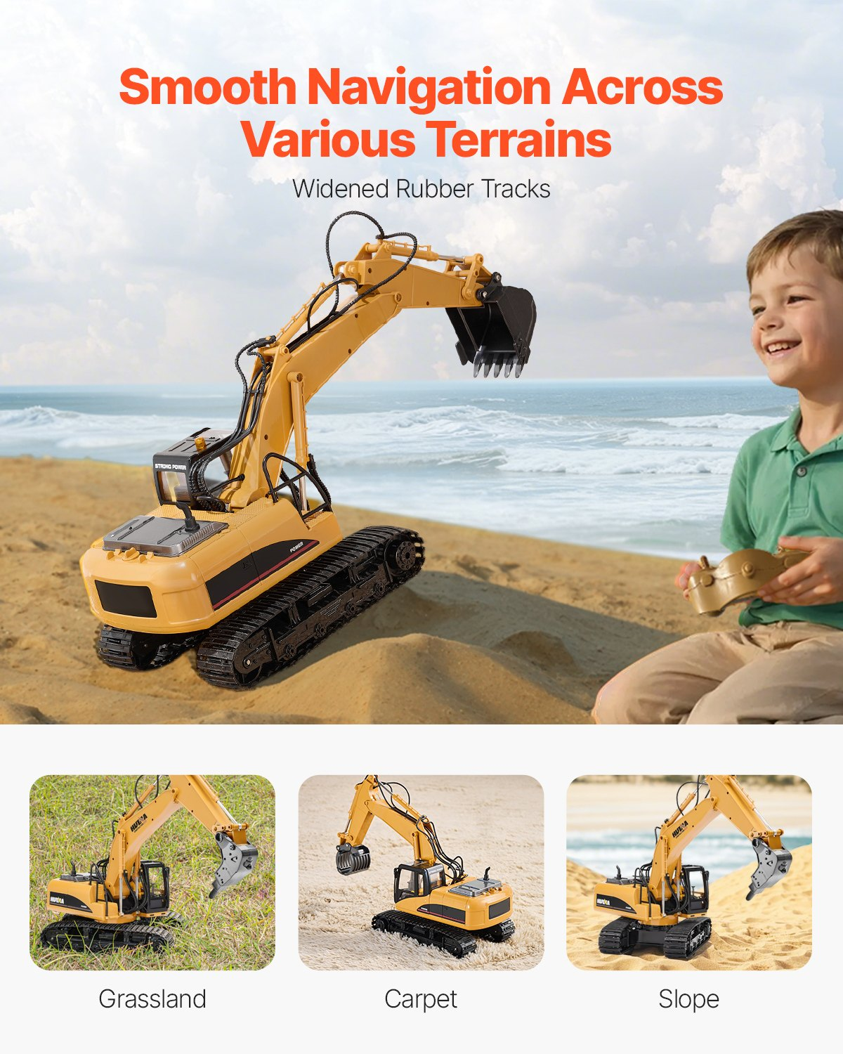 VEVOR Remote Control Excavator Toy, 15 Channel, 3 in 1 Remote Control Digger with Metal Shovel, 1:14 Scale RC Excavator with Light & Sound, Full Functional Construction Vehicles for Kids, 2 Batteries