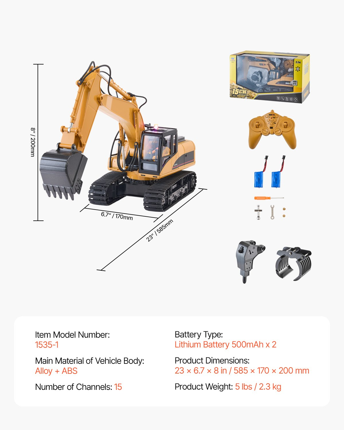 VEVOR Remote Control Excavator Toy, 15 Channel, 3 in 1 Remote Control Digger with Metal Shovel, 1:14 Scale RC Excavator with Light & Sound, Full Functional Construction Vehicles for Kids, 2 Batteries