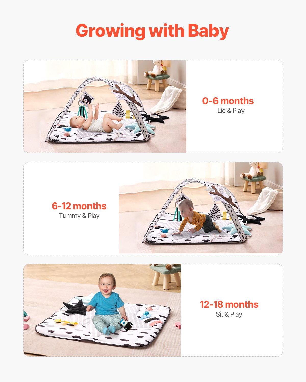 Baby Play Gym Mat Tummy Time Activity Mat with 6 Sensory Toys 34.4" x 34.4"