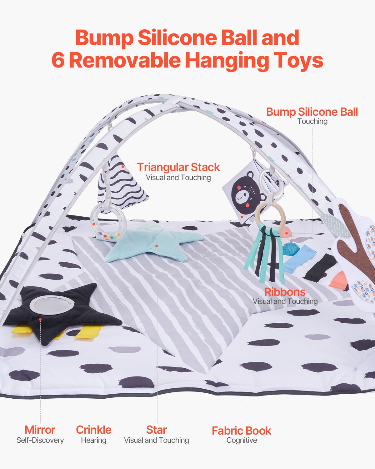 Baby Play Gym Mat Tummy Time Activity Mat with 6 Sensory Toys 34.4" x 34.4"