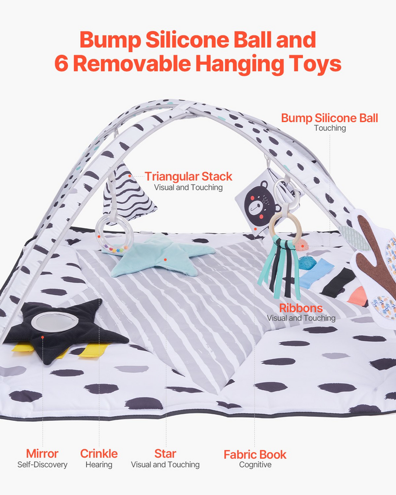 Baby Play Gym Mat Tummy Time Activity Mat with 6 Sensory Toys 34.4" x 34.4"