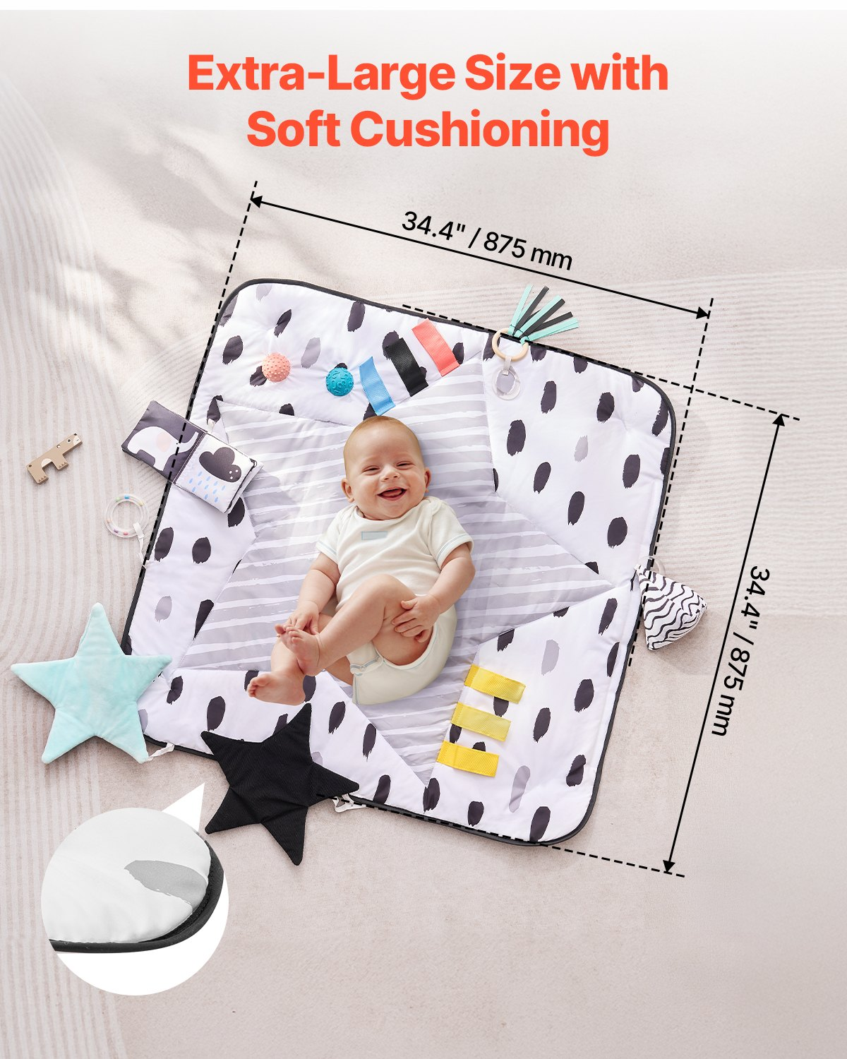 Baby Play Gym Mat Tummy Time Activity Mat with 6 Sensory Toys 34.4" x 34.4"